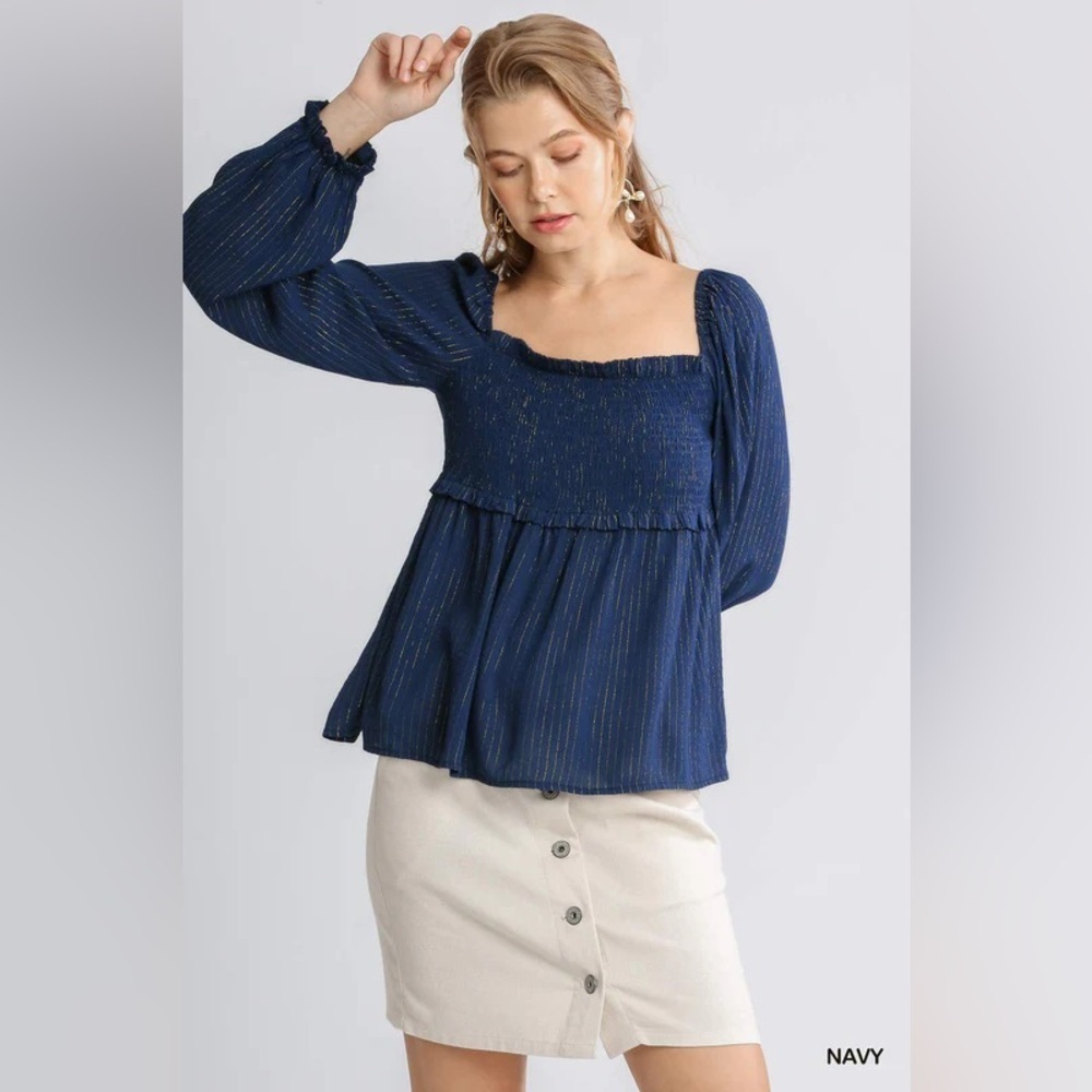 NWT Umgee Blue with Gold Metallic Stripes Smocked Babydoll Top Celestial Boho L